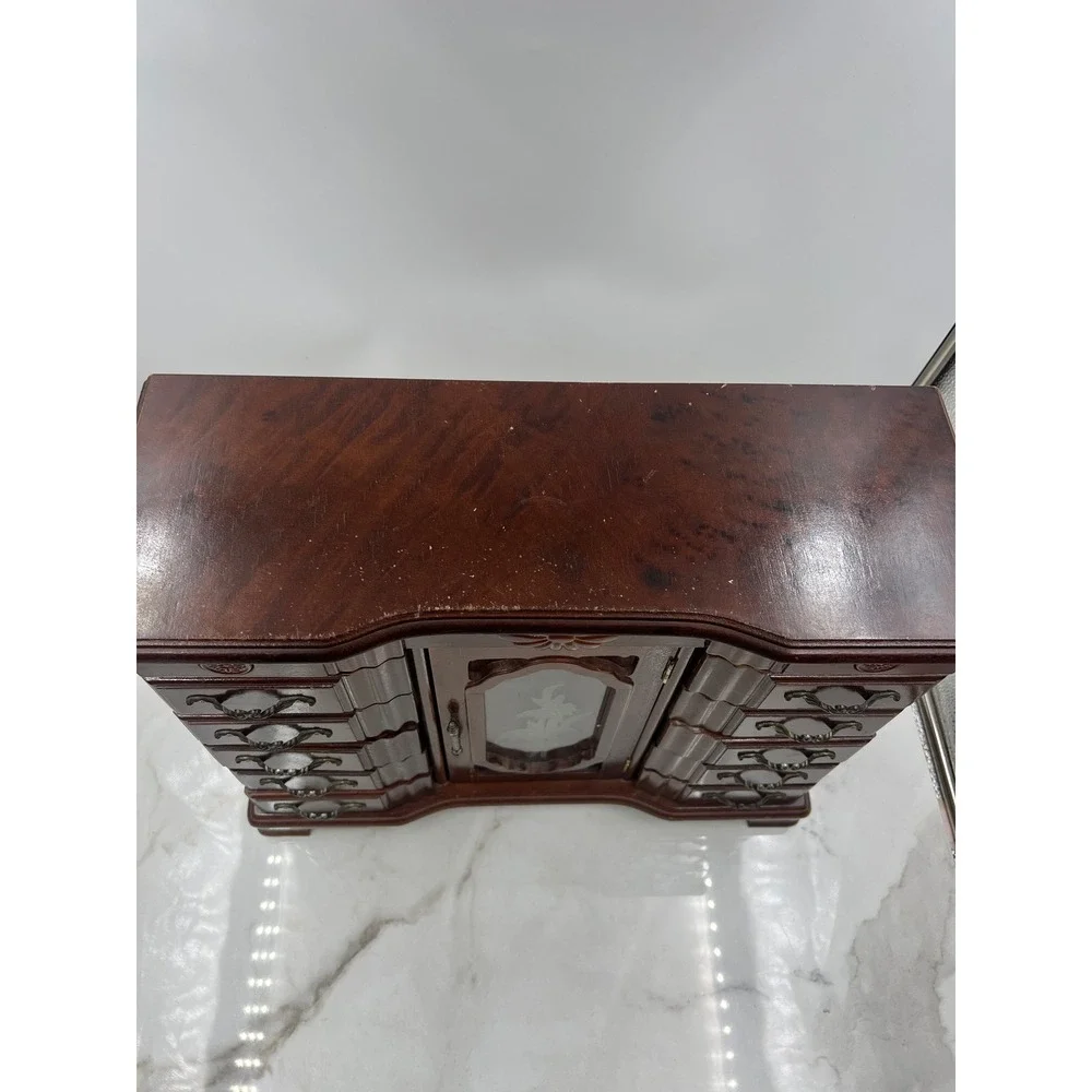 Vintage Wooden Jewelry Armoire Chest 10 Drawer Etched Glass Rotating Carousel